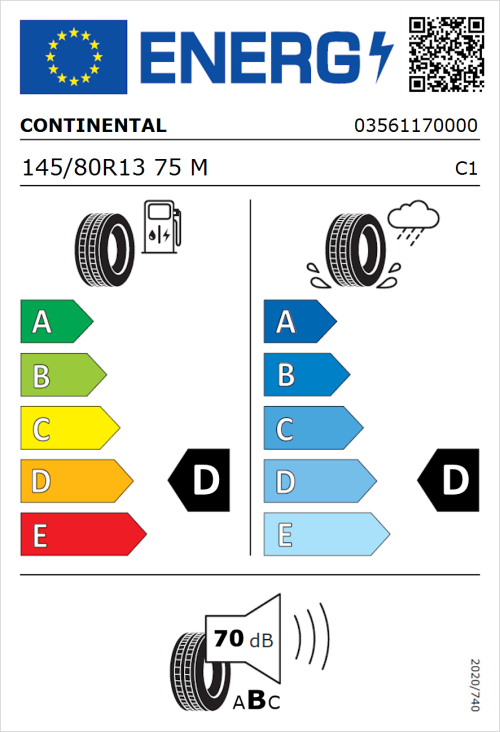 Tyre Label for Continental Conti.eContact Electric Cars 145/80R13 75M