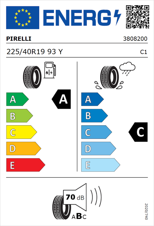 Tyre Label for Pirelli P Zero (PZ4) Sport Car 225/40R19 93Y