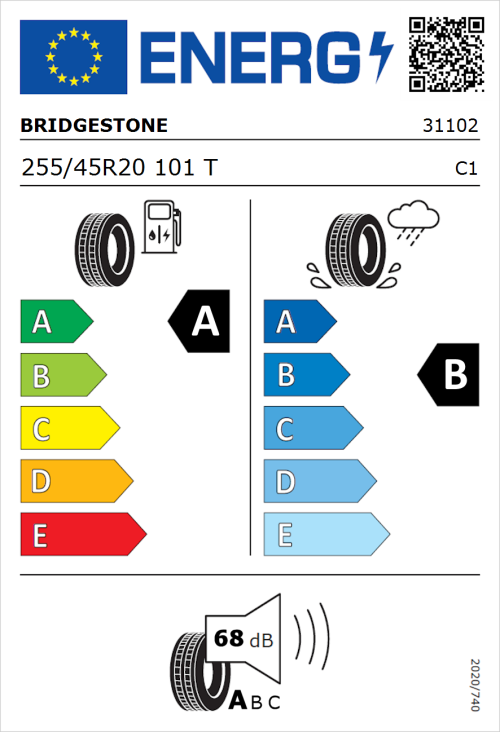 Tyre Label for Bridgestone Turanza 6 255/45R20 101T