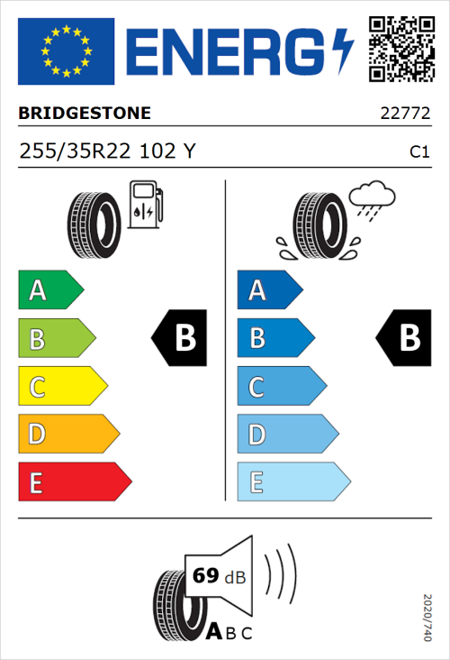 Tyre Label for Bridgestone Turanza 6 255/35R22 102Y