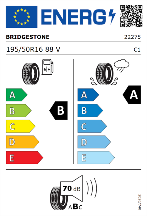 Tyre Label for Bridgestone Turanza 6 195/50R16 88V